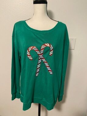 Jane and Delancey Green Sweater with Candy Cane Motif
